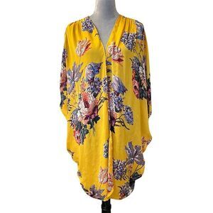 Umgee Yellow Floral Boho Kimono Top M/L Casual Spring Cardigan Lightweight